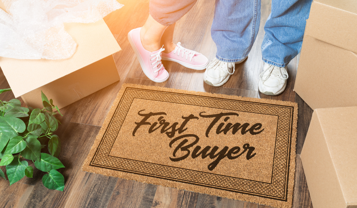 Image of front door mat with text saying 'first time buyers'