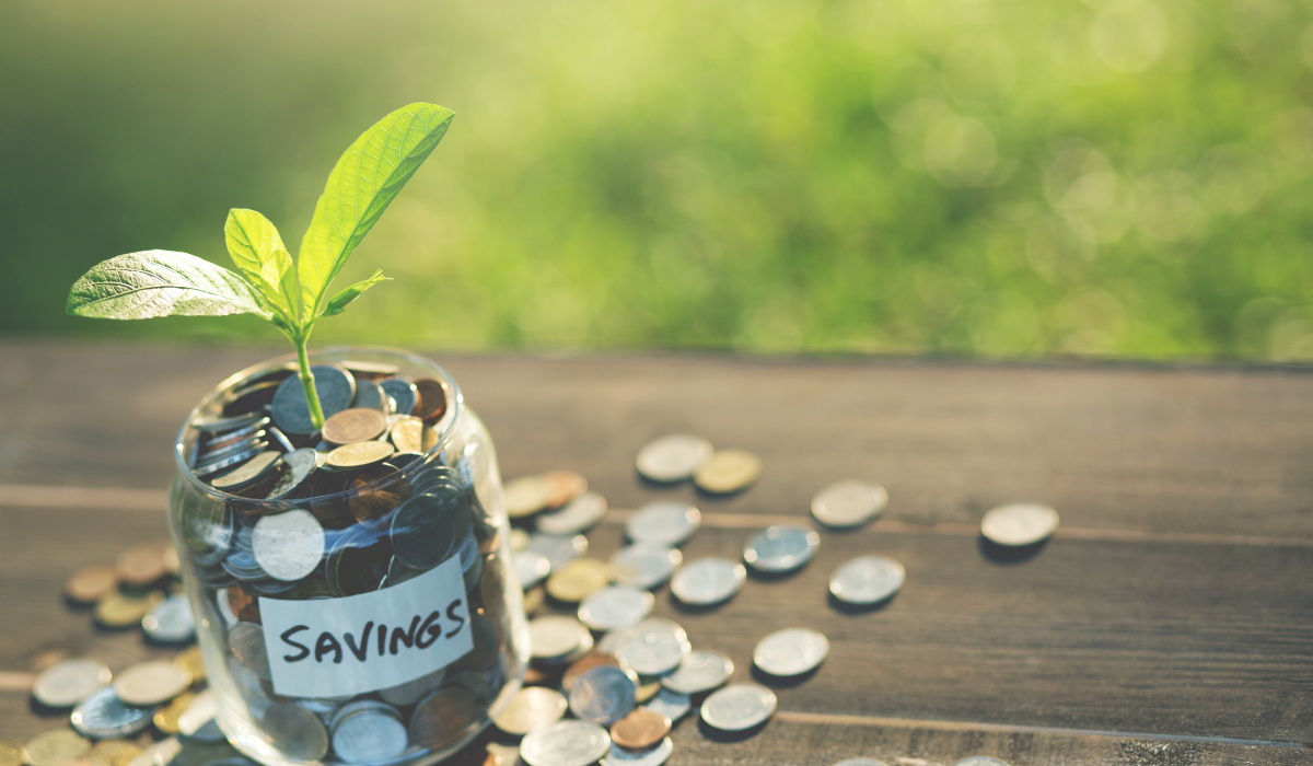 Jar of money labelled savings depicting a plant growing from the jar. This represents how you can strategise where you save to make your money grow 